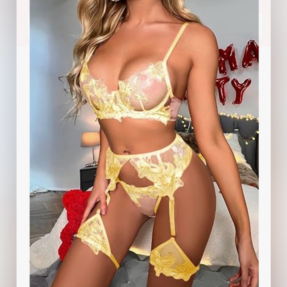 Yellow Lace Embroidered Lingerie Set Bra Panty Garter 3 Piece - Picture 2 of 4